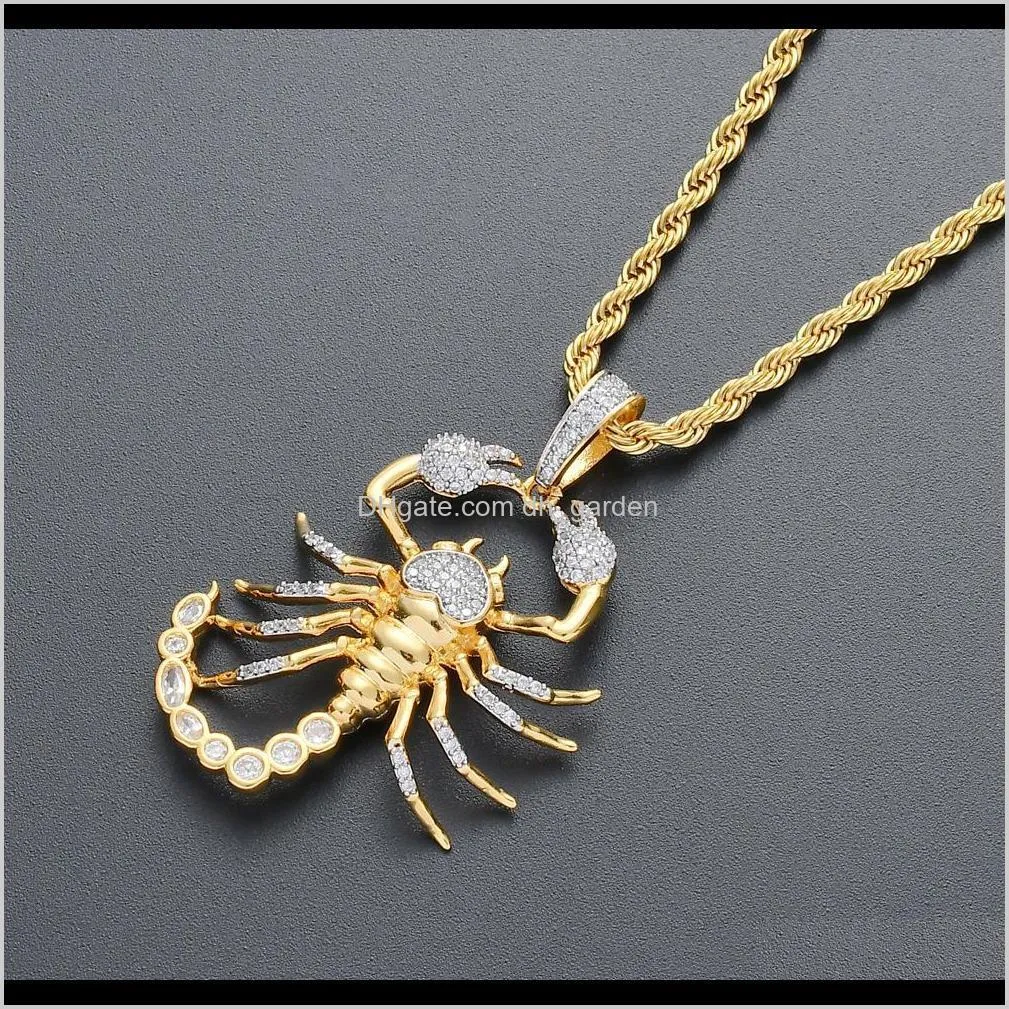 New 18K Gold Full CZ Cubic Zirconia Blingbling Halloween Scorpion Pendant Necklace Hip Hop Iced Out Diamond Jewelry Gifts for Men &