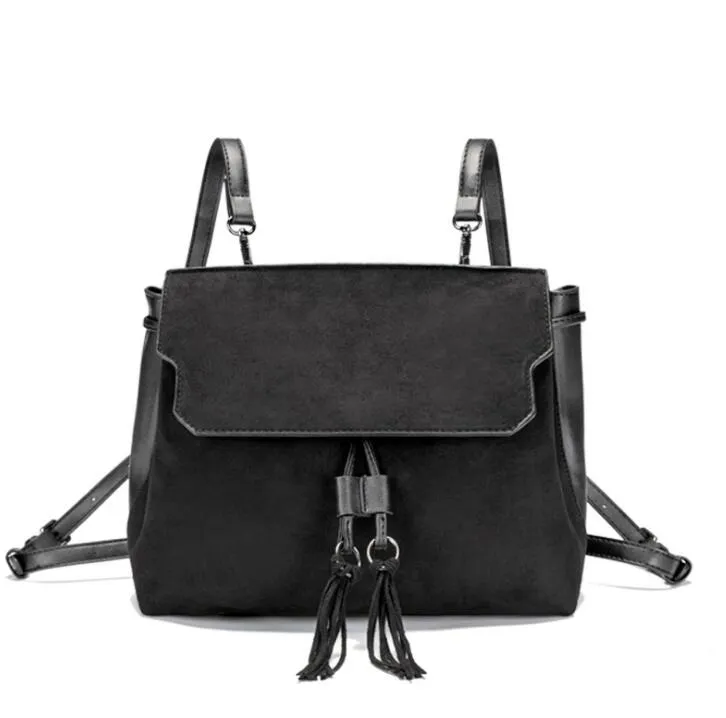 Einfarbiger Damenrucksack im Retro-Stil, neue rechteckige Klappe, Kordelzug, Schultasche, PU-Wildleder-Rucksack, schwarz-braune Tasche
