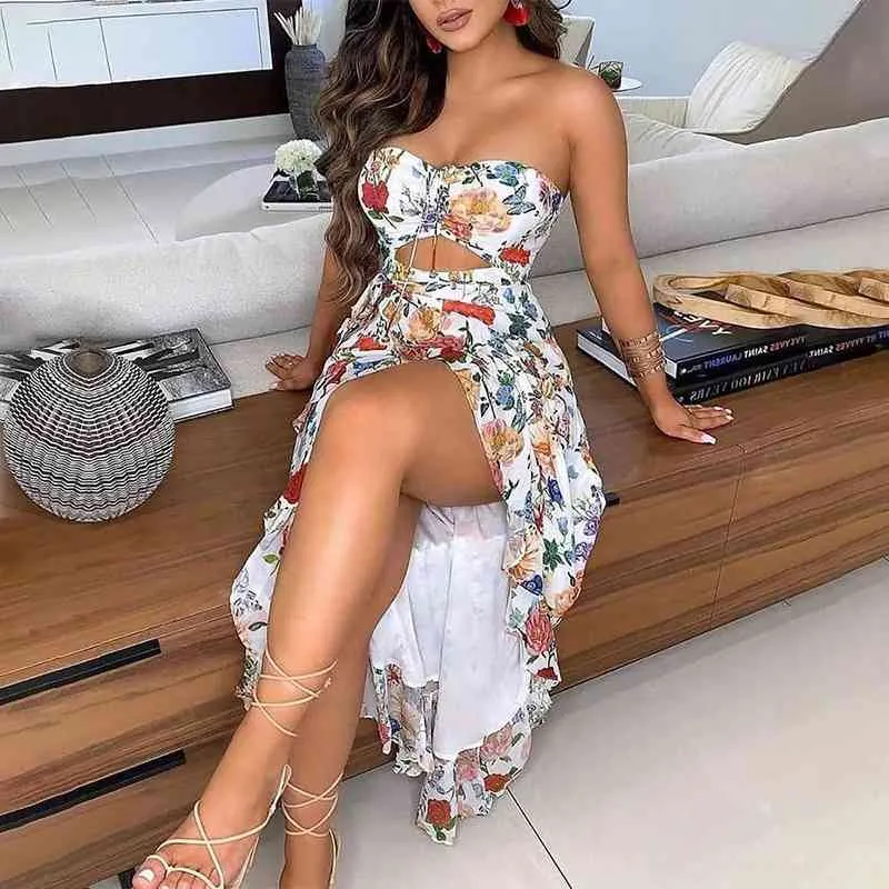 Women Floral Long Dress Summer Sexy Strapless Hollow Out Drawstring Print Asymmetrical Split Ruffle Robe Maxi Party Vestidos XXL 210507