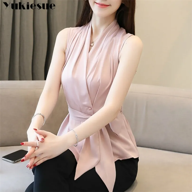 womens summer blouse sexy sleeveless shirts solid chiffon slim v-neck office ladies tops formal Plus size 210719