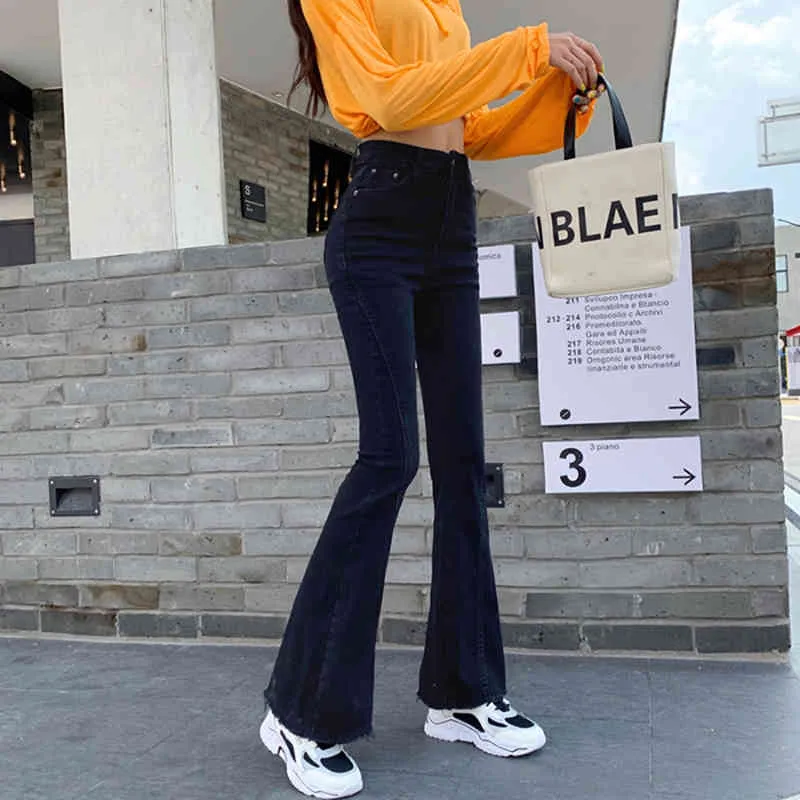 Spring Autumn Women's Pants Slim Flare Jeans High Waisted Stretch Denim Female Bell Skinny Casual Long Trousers 210514