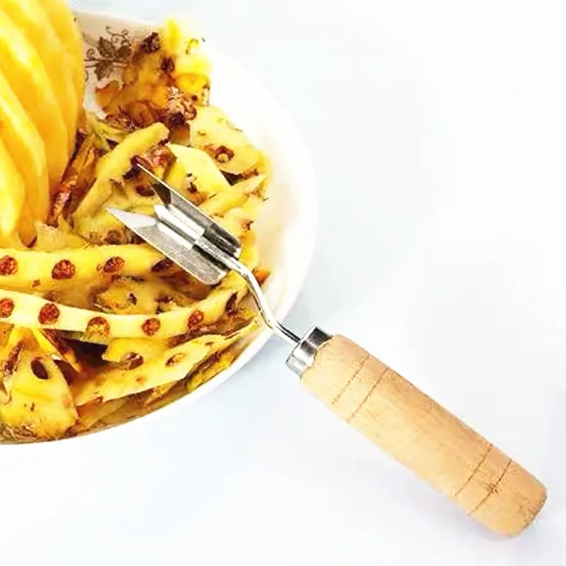 Stainless steel pineapple peeler wooden peeling shovel off fork avocado v-shaped eye-digging kitchen fruit vegetable tool knife