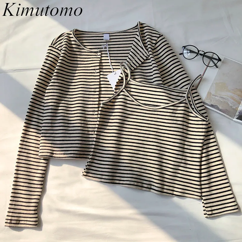 Kimutomo Moda 2 sztuka Zestaw Kobiety Wiosna Jesień Korea Styl Panie Dzikie Paski Krótkie Camis i O-Neck Cardigans Casual 210521