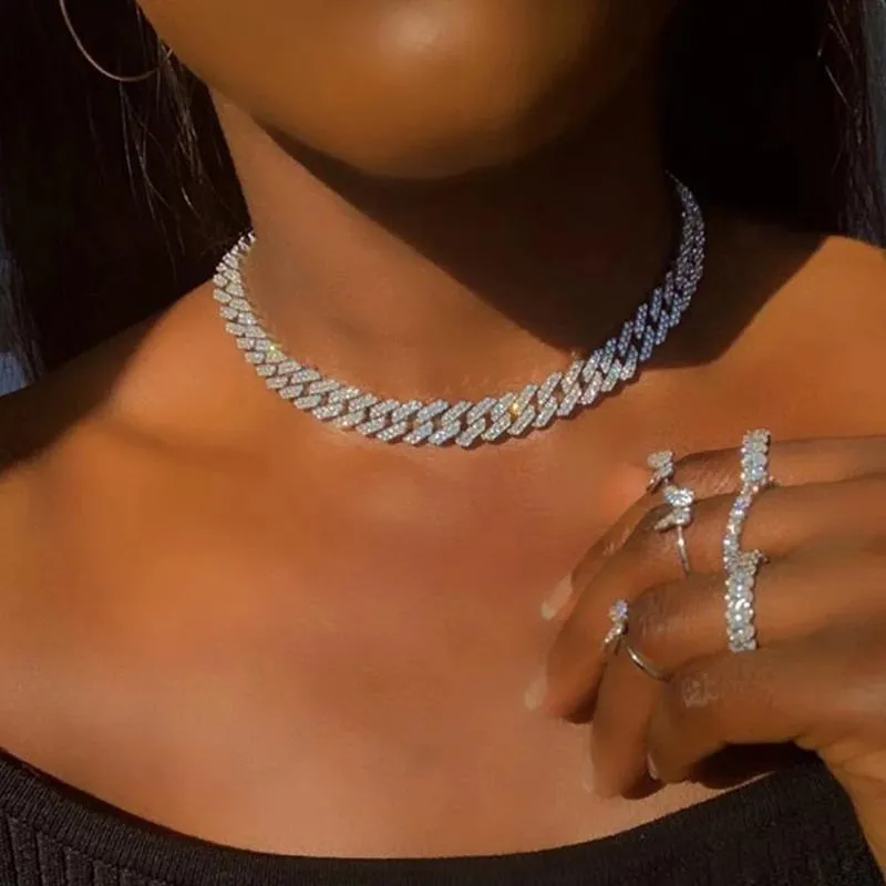 Mode 15mm Kubanische Link Ketten Halskette Für Frauen Männer Hip Hop Schmuck Bling Euro ausgegeben Full Rhinestone Rapper Choker Halsketten
