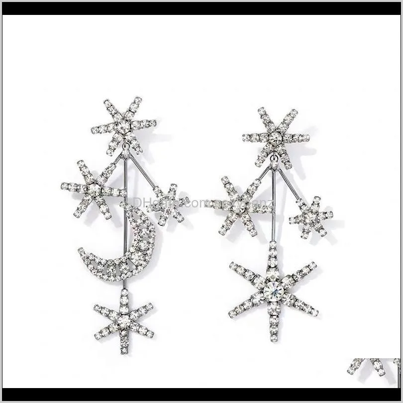 stunning rhinestone star moon charms drop dangle earrings for women fashion jewelry hot sale lady`s statement accessories