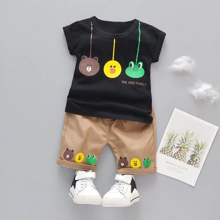 服セット夏の赤ちゃん男の子カジュアルファッション漫画プリントTシャツトップ+カーキショーツ2個/セット子供子供たちの幼児の女の子
