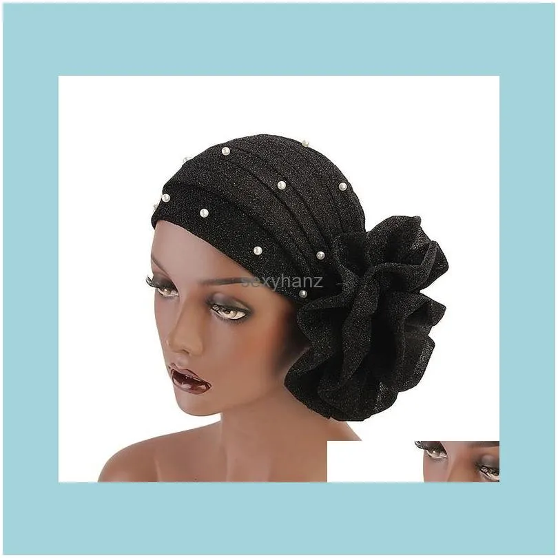 Fashion Women Hair Caps Muslim Beaded Glitter Turban India Cap Big Flower Headband Hair Lose Head Wraps Styling Accessories