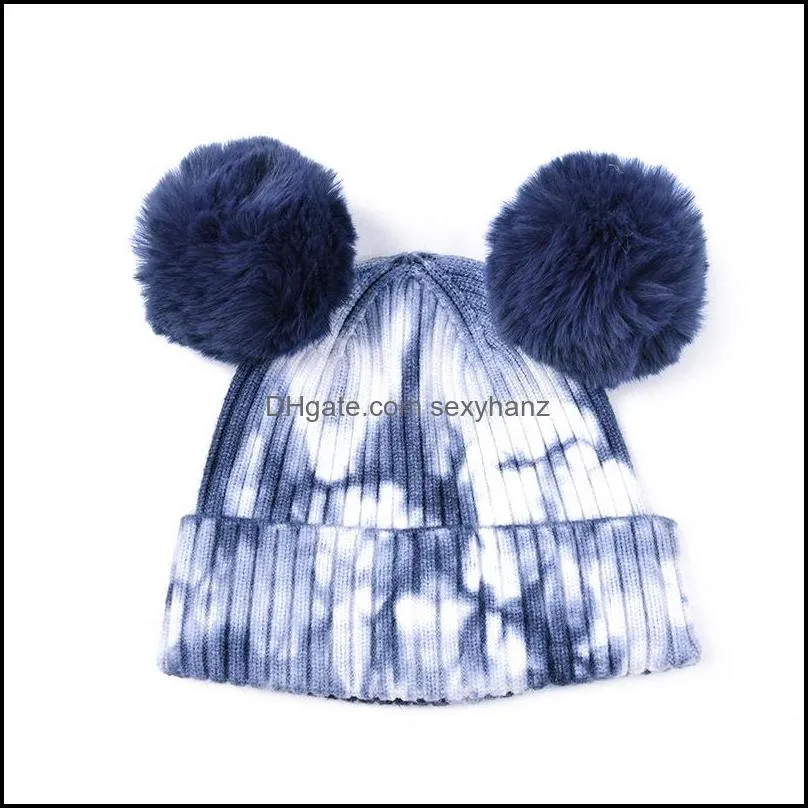 Cute Soft Warm Knitted Hat 2 Pom Pom Winter Hats Outdoor Ski Bike Rib Knit Beanie Girls Tie Dye Beanie GWF12178