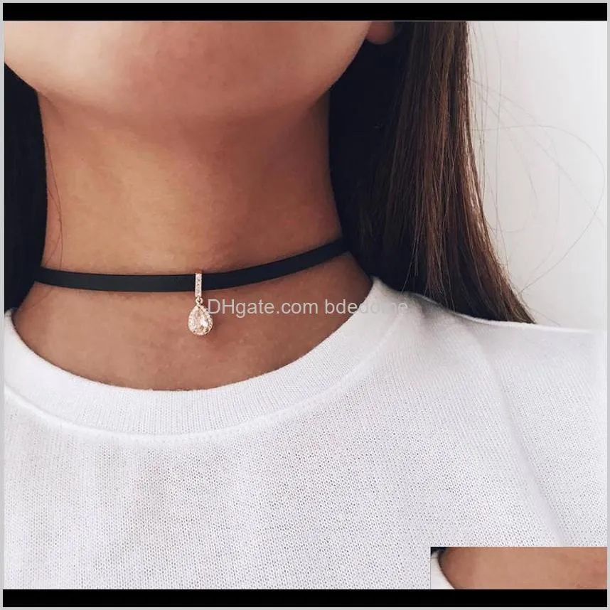 2019 fashion sexy necklace water-drop with imitation diamond accessory gold plated black pu leather belt choker woman gift