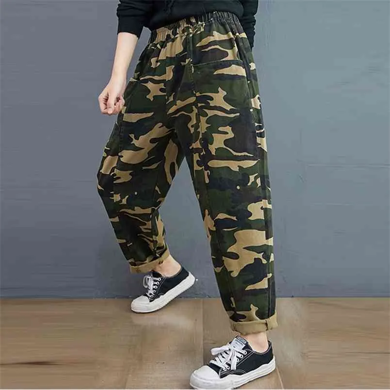 Arrival Spring Autumn Women Elastic Waist Meisai Print Loose Jeans All-matched Casual Denim Harem Pants Plus Size V267 210512