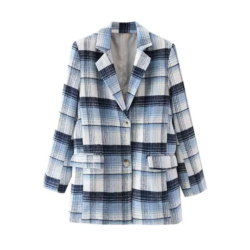 Elegante Frauen Blau Plaid Blazer Mode Damen Slim Kerb Kragen Jacke Streetwear Weibliche Kausal Lose Tasche Mäntel 210427