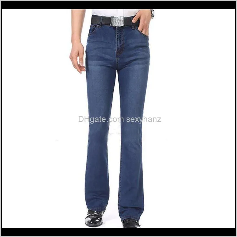 fashion spring casual mens business blue mid waist slim fit boot cut semi-flared flare leg denim pants plus size 26-35