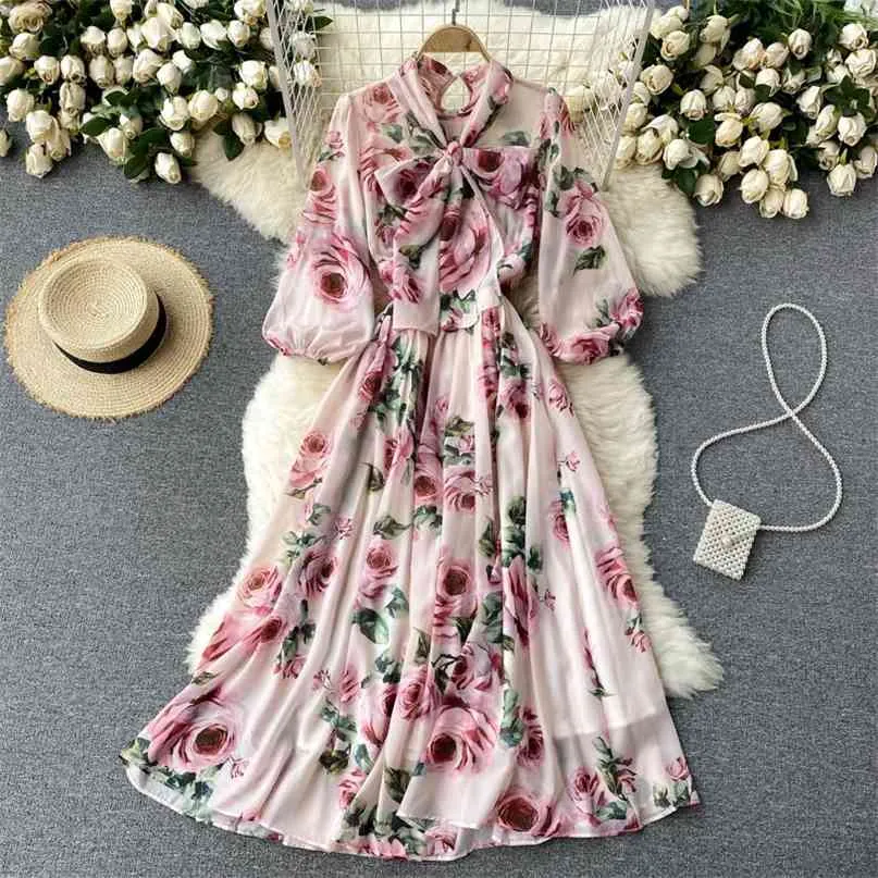 Damenmode Bogenausschnitt Elegant Bedruckt Sommer A-Linie Kleid Urlaubskleidung Vintage Vestidos de Mujer S770 210527