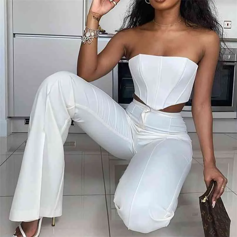 Elegante bianco da donna 2 pezzi Set senza spalline senza maniche Crop Top e pantaloni lunghi a zampa Due set Sexy Lady Skinny Outfits 210603