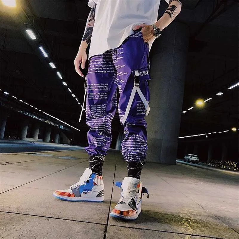 Color Block Pocket Patchwork Cargo Joggers Hombres Graffiti Hip Hop Carta Impresión Harem Pantalones para hombre Casual Danza Pantalones Sweetpants 210930