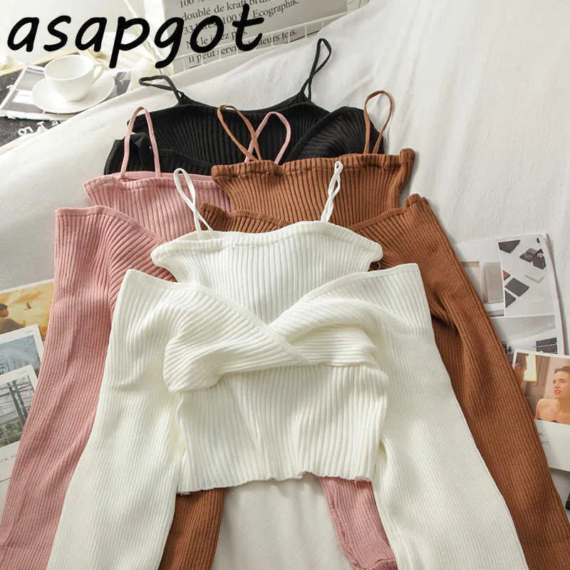 Jumpers Chic Korean Fashion Elegant Sexy White Long Sleeve Fake Two Piece Knitted Tops Off The Shoulder Strapless Pink Sweater 210610