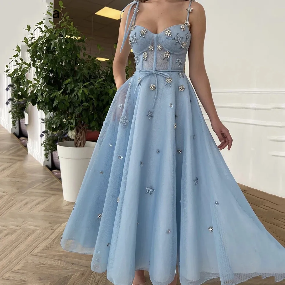 Mulheres Malha Net Tulle Sexy Vestidos de Noite com Bowknot Sash Baby Blue Spaghetti Cintas A-Linha Vestidos Formal Festas