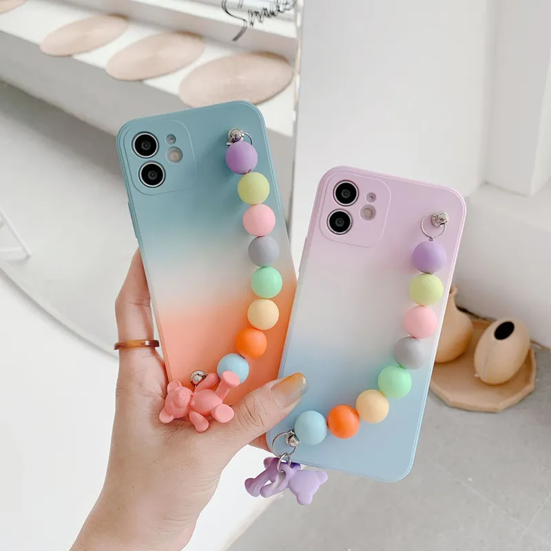 Gradient Contrast Color Bear Armband Cell Phone Cases voor 11 IP 12 Pro Max Silicone Case Wijfje