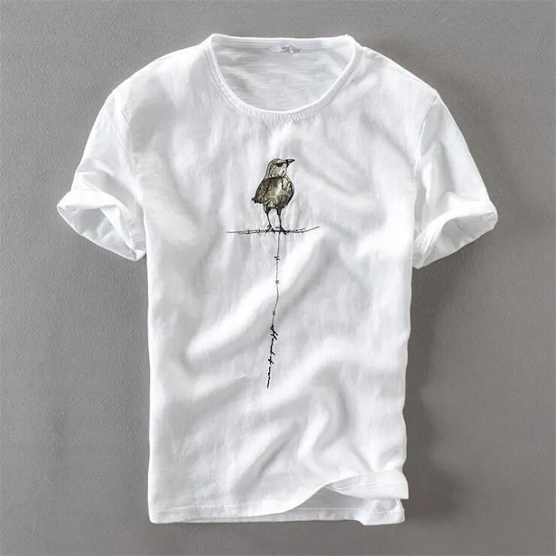 Män sommar mode varumärke japan stil rolig fågel tecknad broderi 100% linne tunn andlig t-shirt manlig casual pullover topp 210726