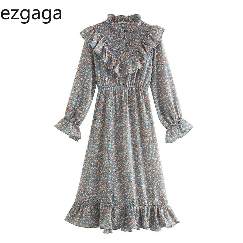 EZGAGA Vintage Ruffles MIDI платье Женщины Цветочные напечатанные французский стиль длинные вспышки рукава тонкие талии кнопки Элегантные Vestidos 210430