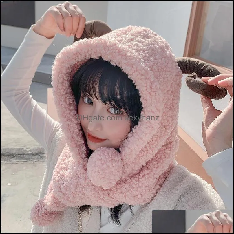 Berets Winter Cute Horns Plush Cap Scarf Hat Two-piece Women Windproof And Cold-proof Thick Warm All-match Ear Protection Hats