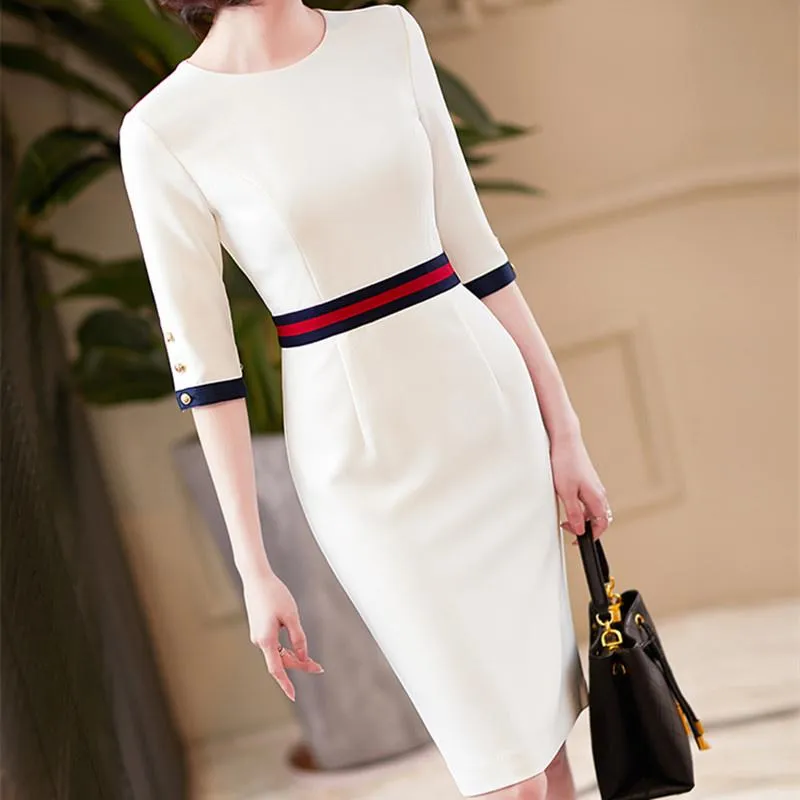 Casual Dresses 2021 Ankomst Elegant O Neck Kvinnor Högkvalitativ Office Lady Formell Business Work Slim Pencil Dress Kläder Plus Storlek