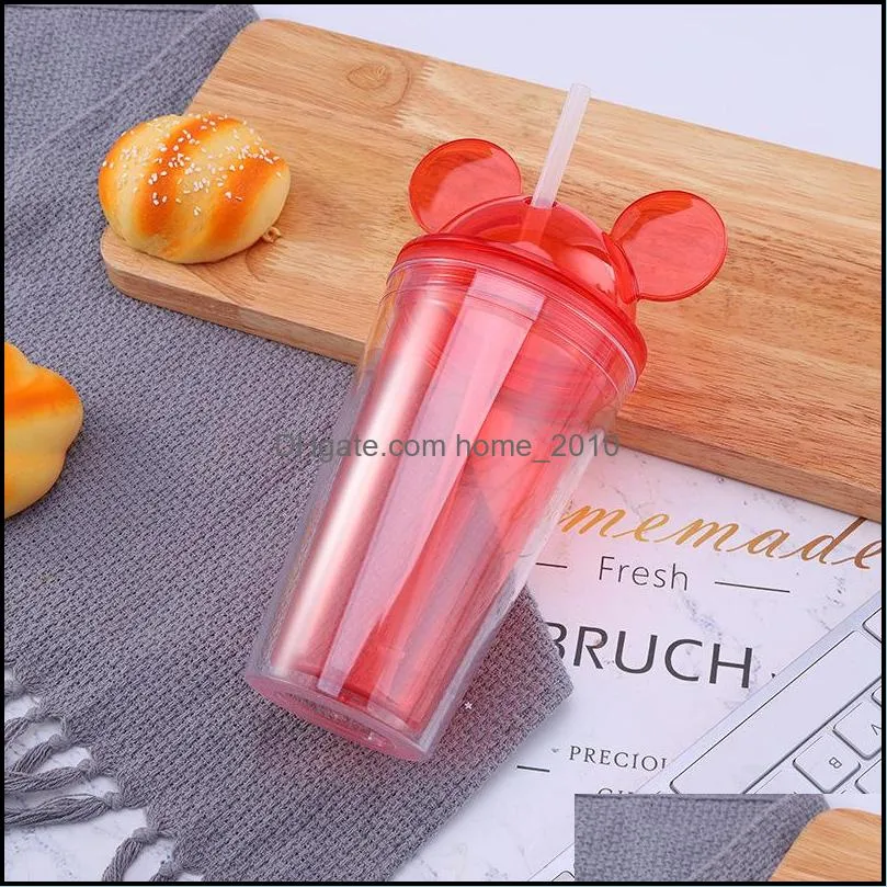 450ML Tumblers cute mouse ears plastic double wall transparent ice water bottle tumbler cup juice summer drink coffee straw bottles