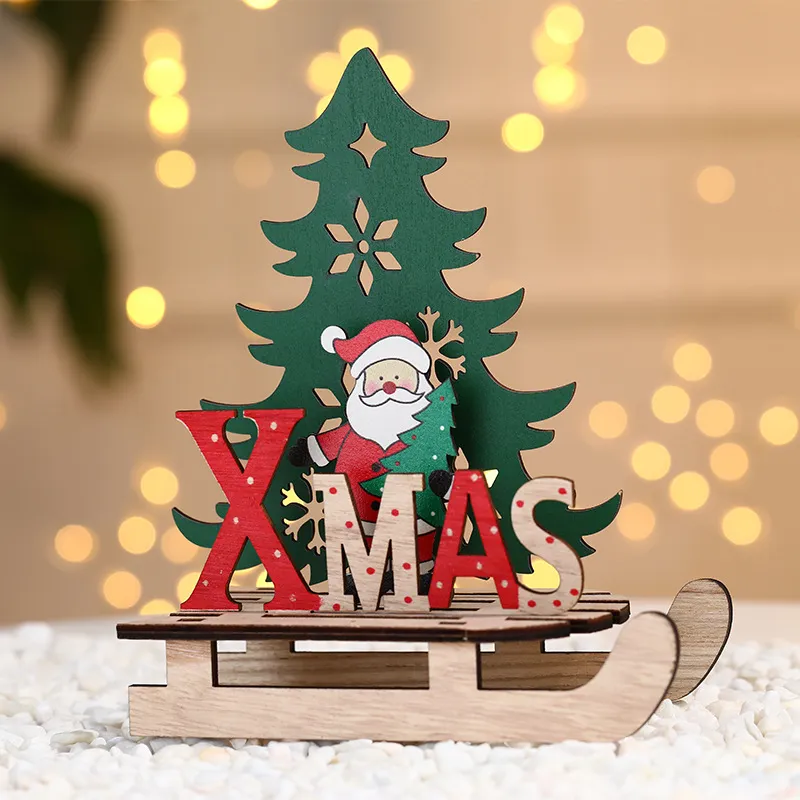 Drewniane Christmas Decoration Handmade Zmontowane Renifer Saneczki DIY Ornament Santa Claus Elk Snowman Xmas Ozdoby Party Kids Gift HY0059