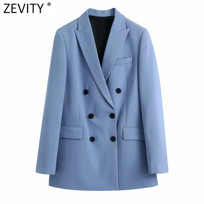 Zevity Women Fashion Double Breasted Casual Blazer Coat Office Ladies Pockets Stylish Outwear Suit Chic Business tops CT661 211006