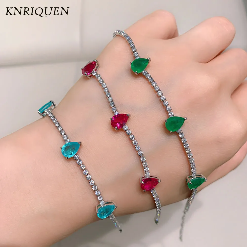 Charms 925 Sterling Silver Pear-Shaped Emerald Ruby Paraiba Armband För Kvinnor Gemstone Strand Armband Fina smycken