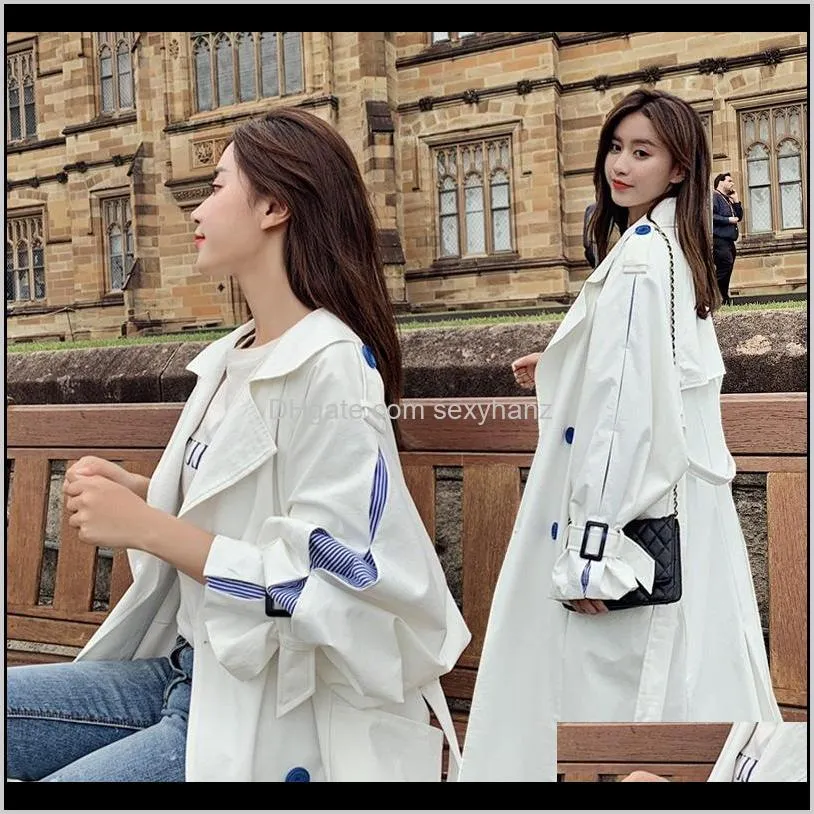 ladies white stitch stripe long slim suit collar double breasted tie lace design casual windbreaker jacket
