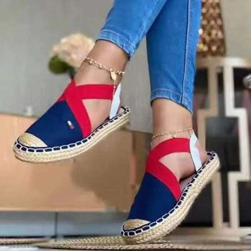 Été rayé plate-forme sandales chaussures compensées pour femmes corde bas femmes espadrilles plat sans lacet toile pêcheur