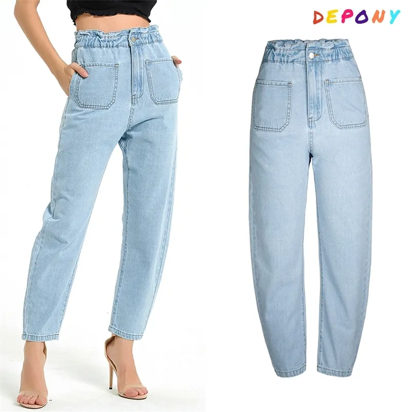 Depontering Elastisk midja Hög midja Jeans Kvinnor Streetwear Straight Femme 100% Bomull Loose Denim Mom 210708