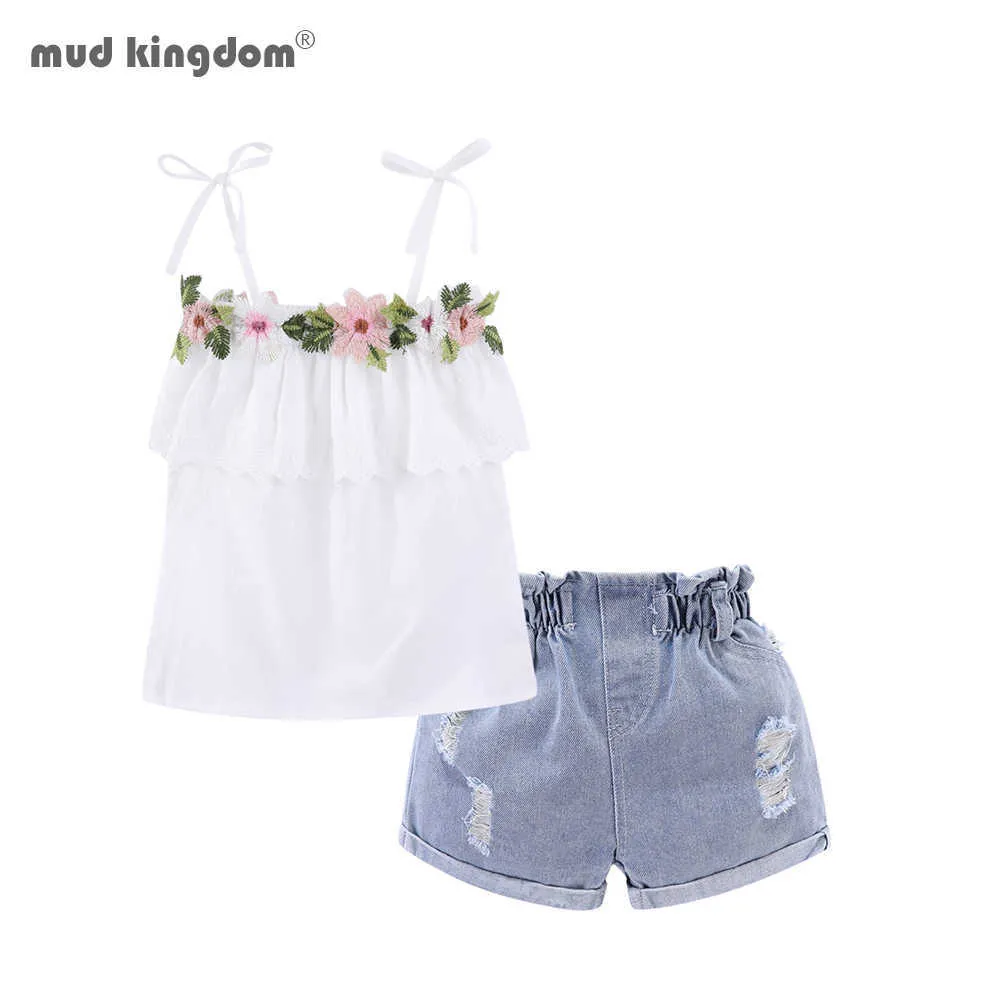 Mudkingdom Completi per ragazze Set di pantaloncini estivi strappati in denim con volant a fiori carini 210615