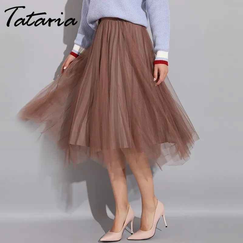Tataria alta cintura longa tutu saia mulheres plissado s 's inverno outono marrom para elegante MIDI 210514