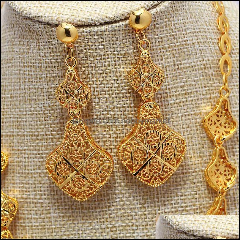 Dubai India Gold Color Jewelry Sets For Women African Flower Necklace Earrings Party Wedding Bridal Accessories 201215