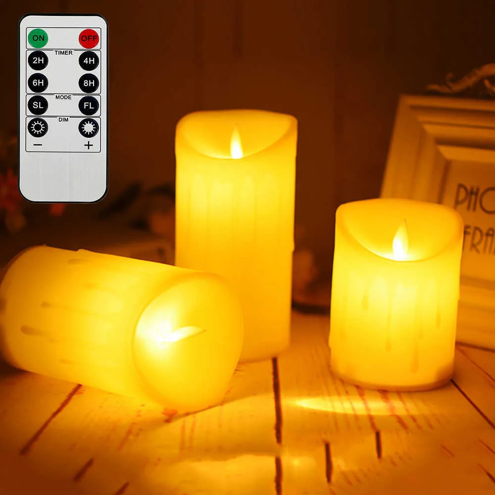 3pcs bougie LED sans flamme vacillante paraffine électrique avec télécommande belle veilleuse décoration de la maison fournitures de fête de mariage 210702