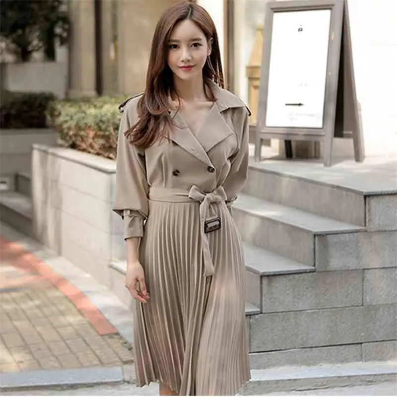 Hohe Qualität Herbst und Winter Zweireiher Korea Chic Kleider Frauen Elegante Langarm Plissee Damen Kleid 210520