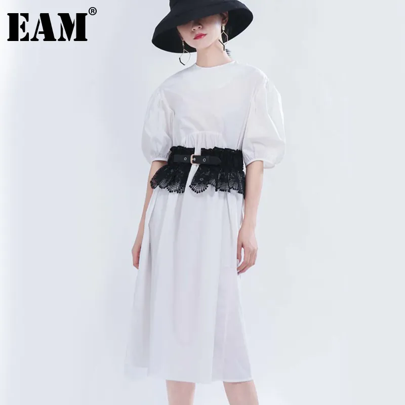 [EAM] Women White Brief Temperament Dress Round Neck Half Lantern Sleeve Loose Fit Fashion Spring Summer 1T654 21512