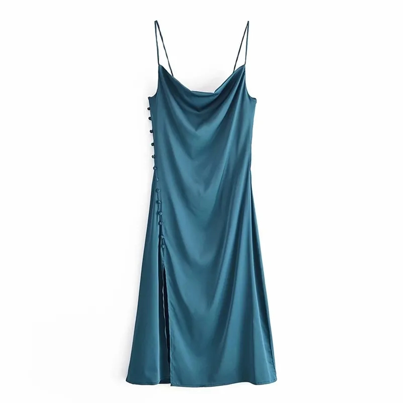 Puwd mulheres sexy mulheres colarinho sling vestido de verão senhoras vintage cor sólida textura de seda feminina 210522