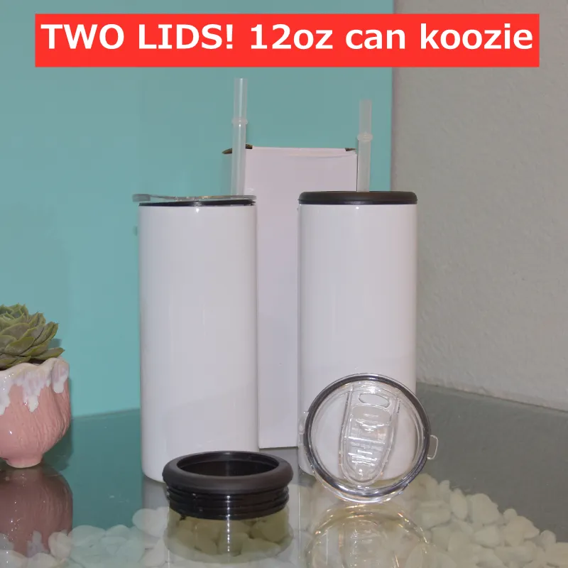 Duas tampas! 12oz magro koozie koozie bebida refrigerador copo branco em branco pode koozies garrafa de vácuo de cola de aço inoxidável para bebida enlatada A13