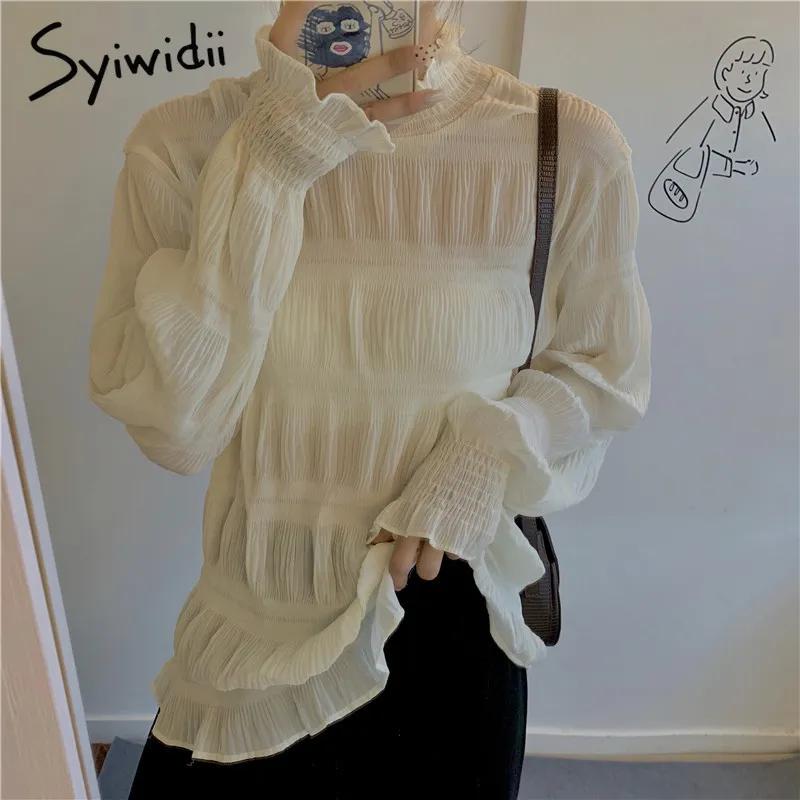 Syiwidii ​​se genom blus kvinnor plus storlek koreansk mode kläder spets chiffong kontor dam skjorta vit toppar flare ärm 210417