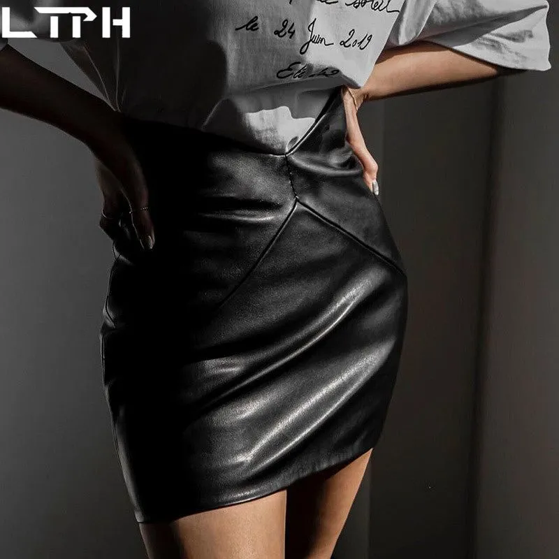 Design High Waist PU Leather Skirt Women Solid Stretch Casual All-match OL Style Package Hip Skirts Autumn/Winter 210427