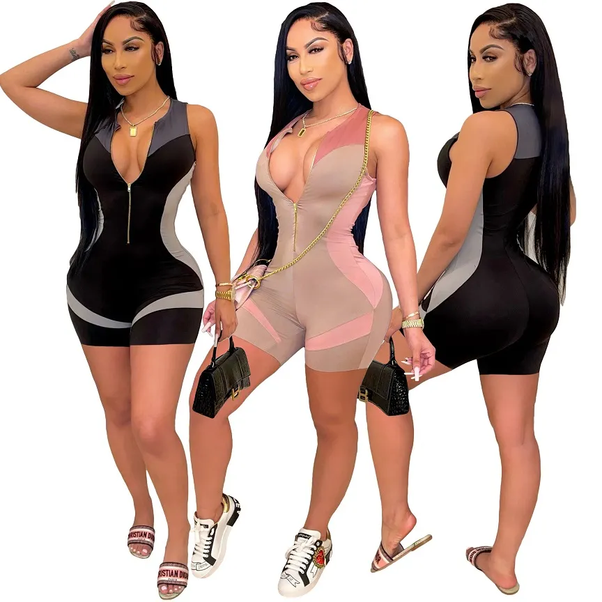 womens Fashion Sleeveless Jumpsuits sexy Slim Printed skinny v neck zipper one piece vest biker shorts rompers bodycon bodysuits jogging plus size clothing