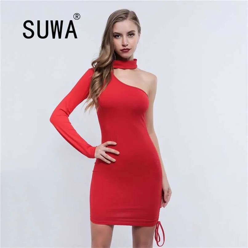 All Red Trendy Chic One Shoulder Long Sleeve Bodycon Women Dresses Free Elegant Sexy Lady Dress Party Night Club 210525