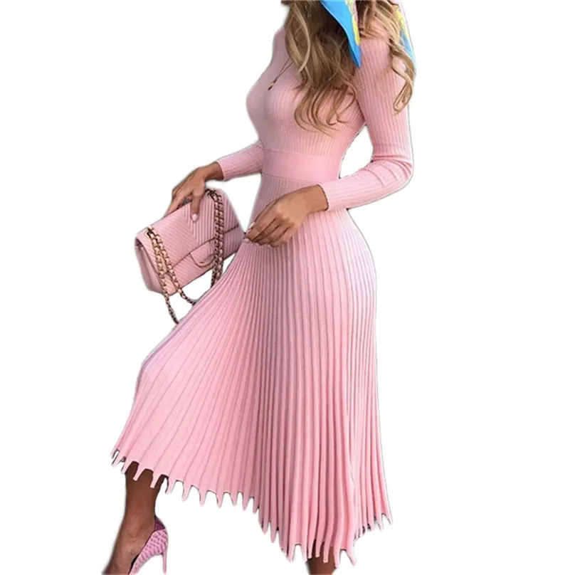 セータードレス女性ピンク10色S-3XLプラスサイズ長袖秋冬スリムボトムティングニットプリーツLR816 210531