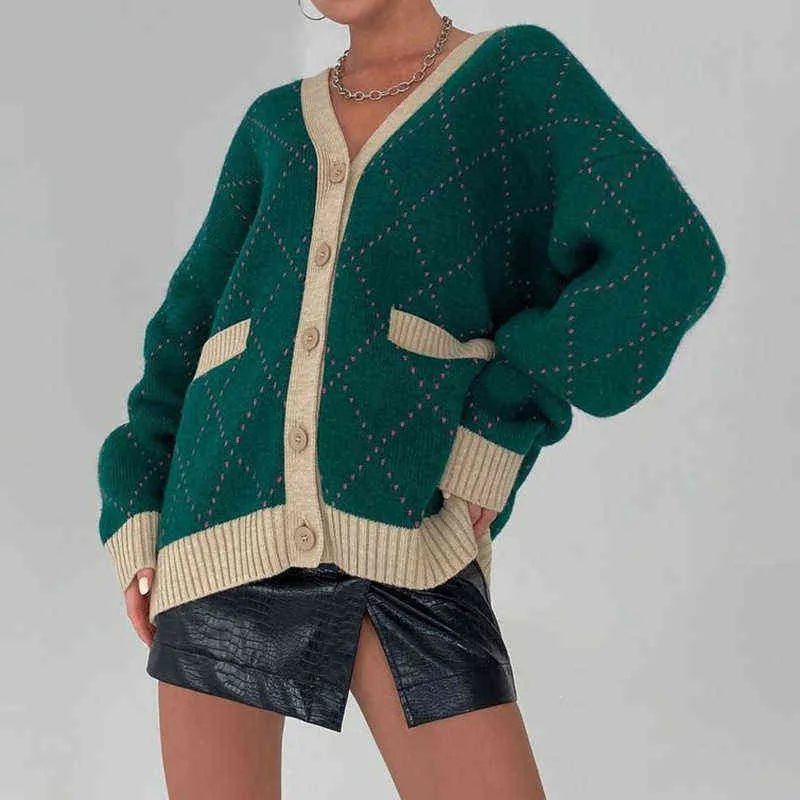 Wixra Women Single Breasted Argyle Long Sleeve Cardigan Autumn Winter Stylish Green Knitwear Pockets Sweater 220104