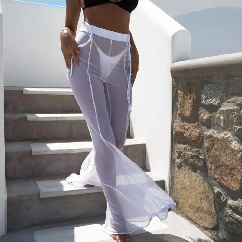 Women's Pants & Capris Women Sexy Mesh Beach Black White High Waist Loose Flare Wide Leg Club Trousers Fashion Clothes E72457