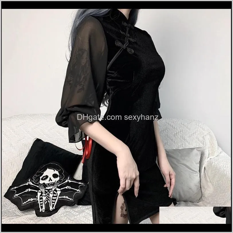 new chinese qipao modern dress 2021 women vintage gothic dresses summer lace up mesh sexy bodycon split mini elegant vestidos