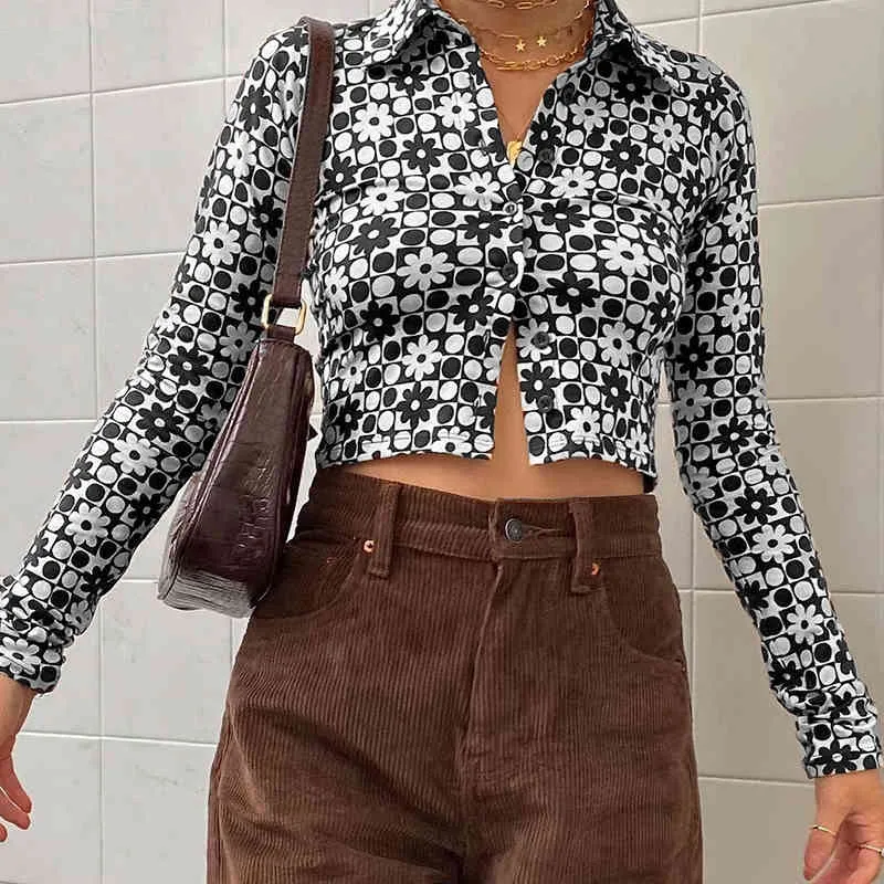 Black Floral Long Sleeve Button Cardigan Women's Shirt Spring Fashion Plaid Blouses Vintage Turn Down Collar Slim Crop Tops 210415